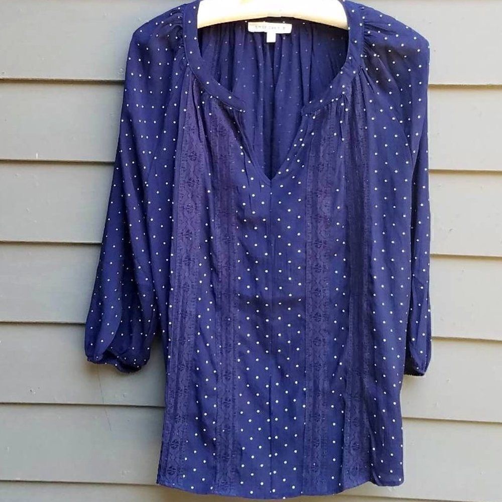 Emily Daniels Navy White Polka Dot Lace panels Peasant Top Size Large